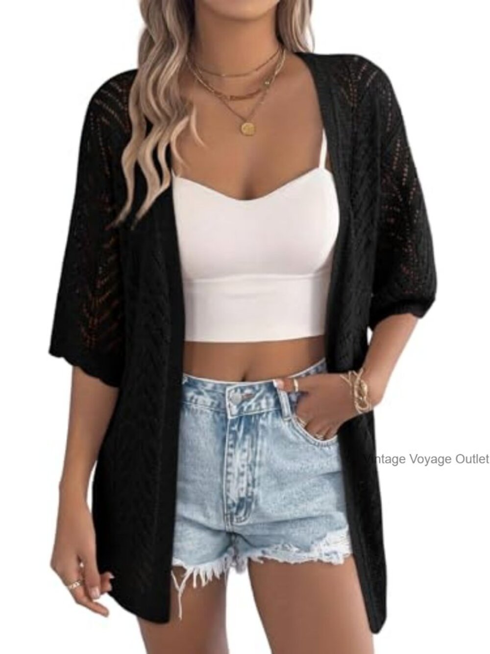 Women's Short Sleeve Crochet Knit Cardigan Open Front Boho Sweater